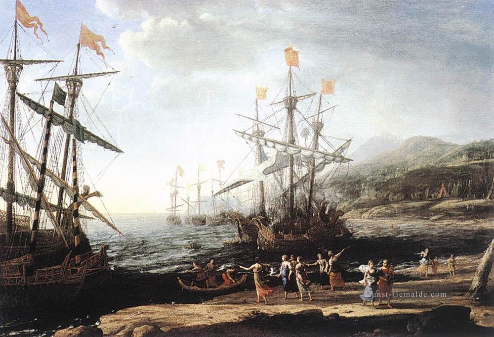 marine mit den Trojanern ihre Boote Landschaft Claude Lorrain Brennen Ölgemälde